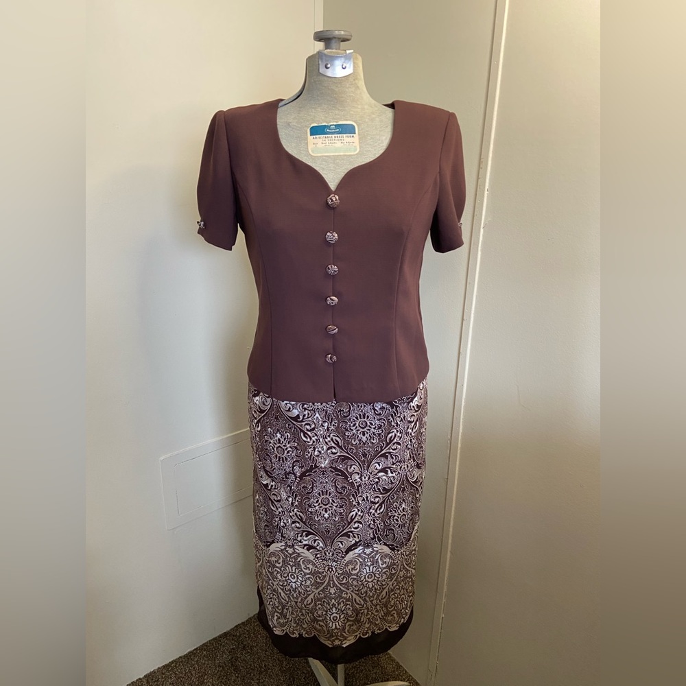 Perceptions Brown Short Sleeve Patterned Dress w/Buttons Women’s 6 Petite